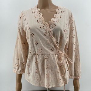 Madewell Women’s Wrap Blouse Peachy Pink Floral Eyelet Scallop Hem S